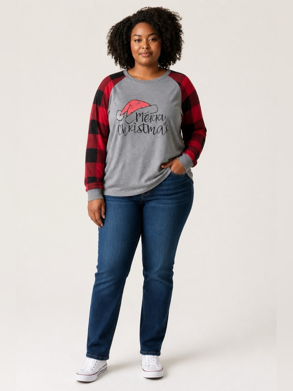 BloomChic Merry Christmas Buffalo Plaid Raglan Top Plus Size NWT